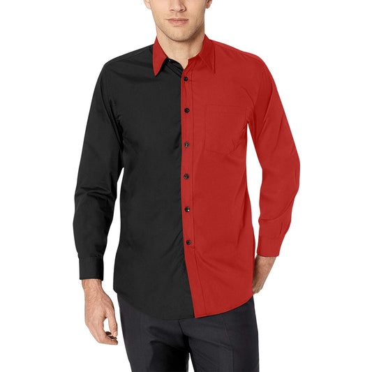 Half Black Half Red Men Button Up Shirt, Long Sleeve Color Block Split Two Tone Combo Print Buttoned Collared Dress Shirt Chest Pocket