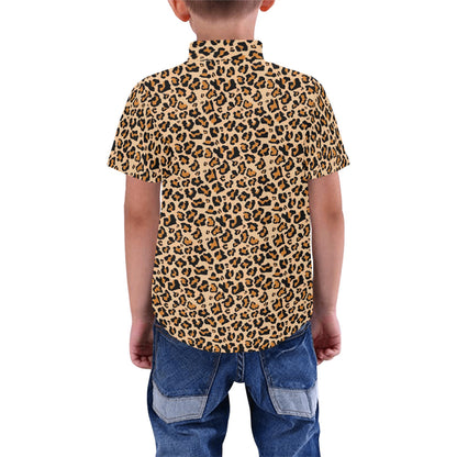 Leopard Boys Button Up Shirt, Animal Cheetah Print Kids Dress Buttoned Collar Dress Shirt with Chest Pocket Short Sleeve