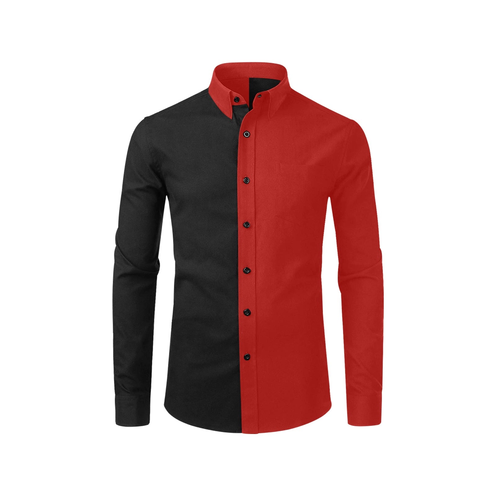 Half Black Half Red Men Button Up Shirt, Long Sleeve Color Block Split Two Tone Combo Print Buttoned Collared Dress Shirt Chest Pocket L Half Black Half Red Men Button Up Shirt, Long Sleeve Color Block Split Two Tone Combo Print Buttoned Collared Dress Shirt Chest Pocket L