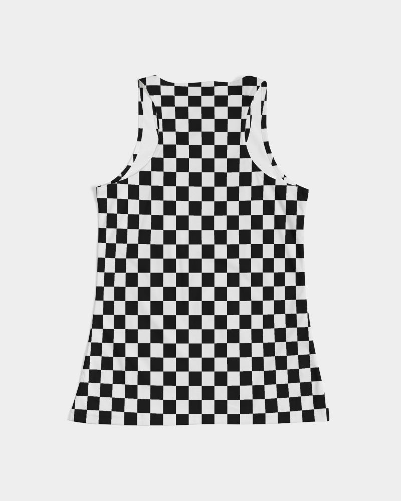 Black White Checkered Women Tank Top, Racing Flag Check Festival Yoga Workout Gym Sexy Summer Muscle Sleeveless Shirt Starcove Fashion