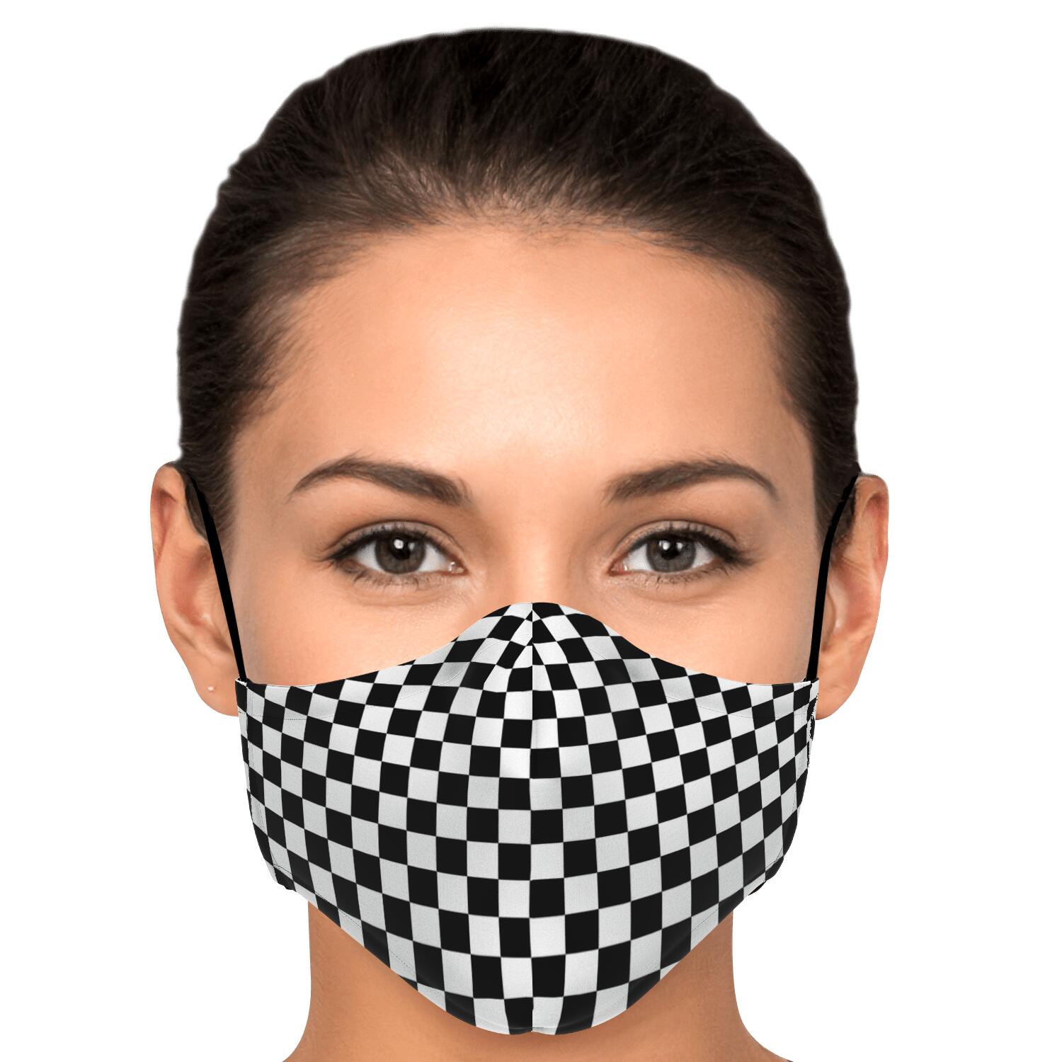 Black White Check Face Mask With Filter, Checkered Gingham Racing Cotton Fabric Cloth Mouth Shield Fashion Half Washable Adult Kids Starcove Fashion