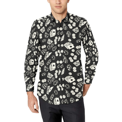 Casino Men Button Up Shirt, Long Sleeve Poker Gaming Gambling Print Dress Buttoned Collared Dress Shirt with Chest Pocket