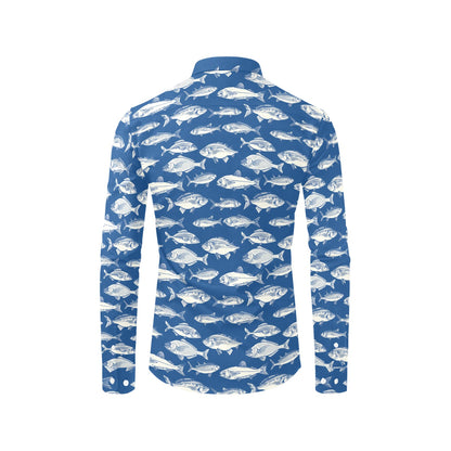 Fish Long Sleeve Men Button Up Shirt, Nautical Ocean Beach Blue Summer Print Dress Buttoned Collar Casual Male Guy Plus Size Shirt