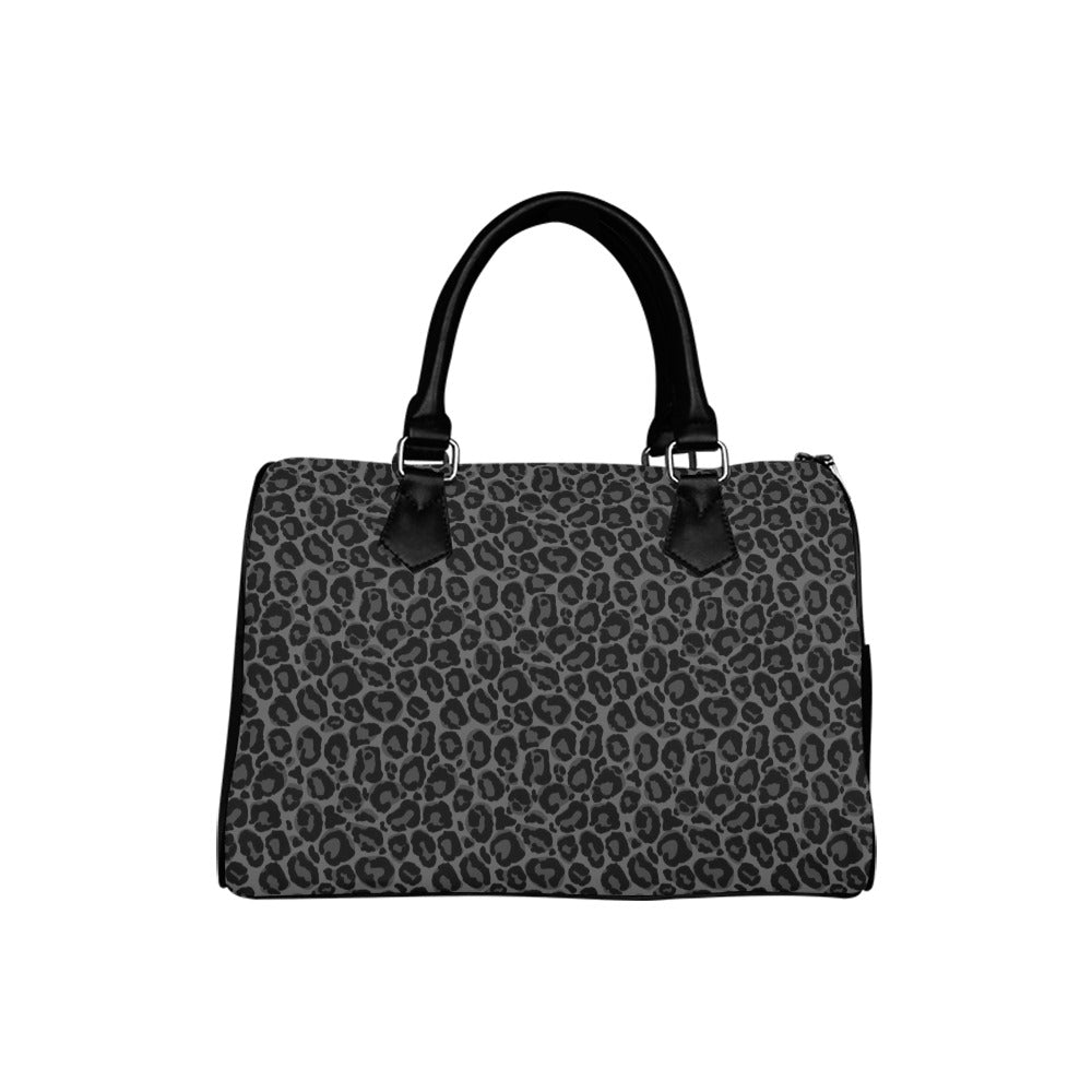 Black Leopard Print Purse Handbag, Animal Cheetah Grey Canvas and Leather Top Handle Boston Barrel Type Designer Accessory Women Bag Starcove Fashion
