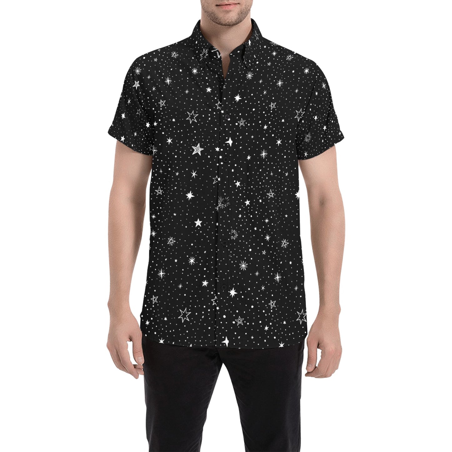 Space Short Sleeve Men Button Down Shirt, Black White Stars Constellation Celestial Geek Theme Print Casual Up Collared Dress Plus Size