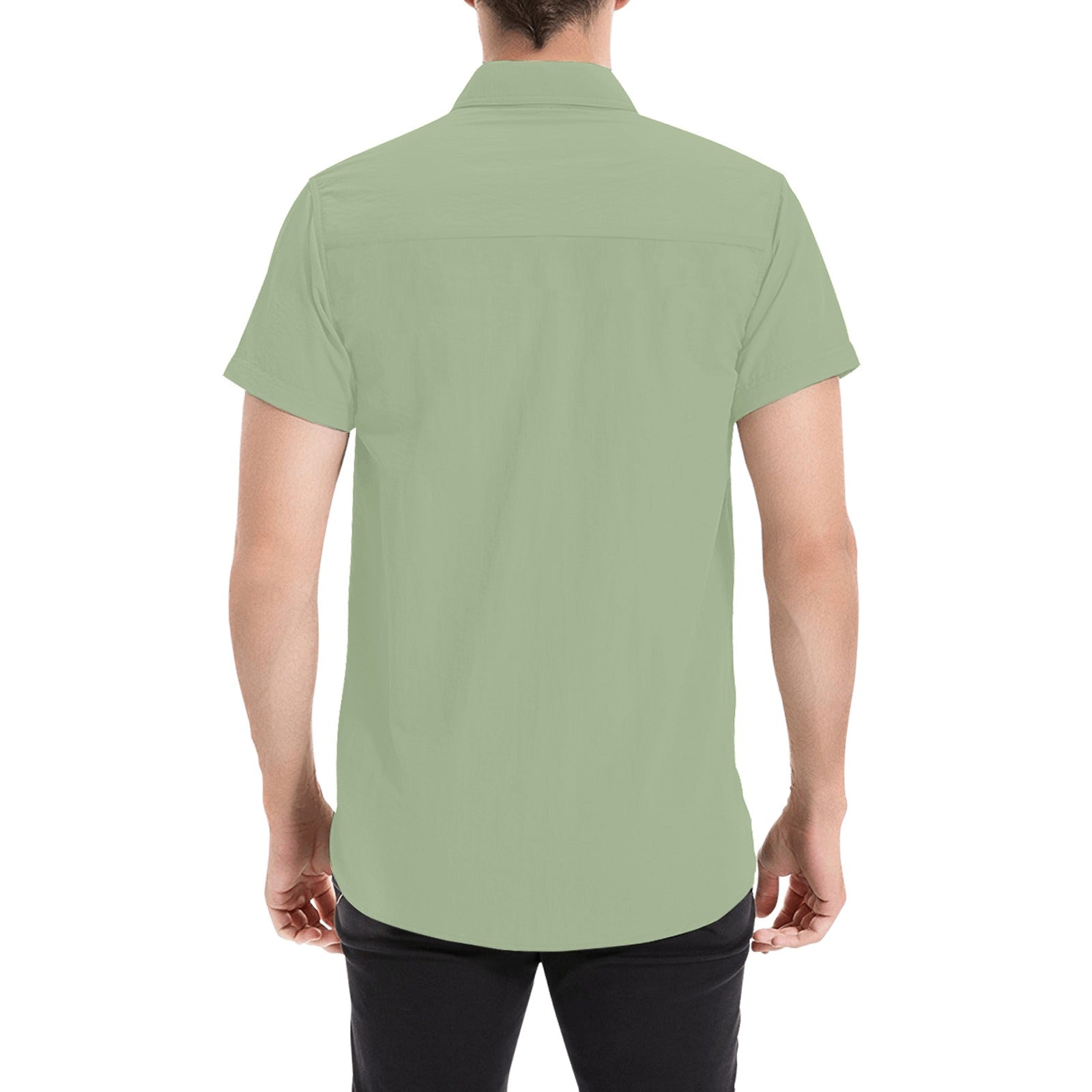 sage green dress shirt Sage Green Short Sleeve Men Button Down Shirt, Olive Solid Color Print Casual Buttoned Summer Dress Collared Plus Size S