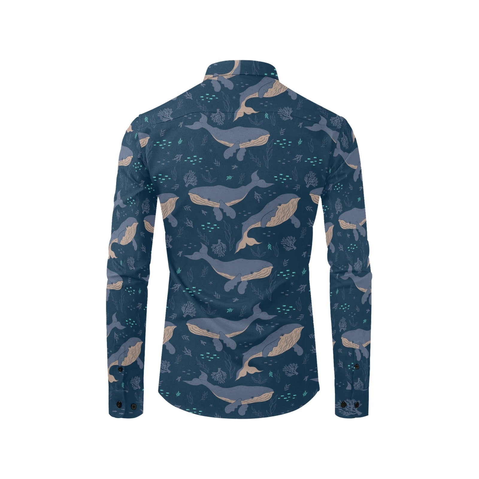 Blue Whale Men Button Up Shirt, Long Sleeve Marine Animals Beach Sea Fish Print Dress Buttoned Collar Dress Shirt with Chest Pocket Starcove Fashion