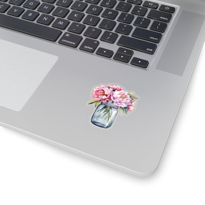 Mason Jar Peonies Sticker, Flowers Floral Art Laptop Decal Vinyl Cute Waterbottle Tumbler Car Waterproof Bumper Die Cut Wall Clear