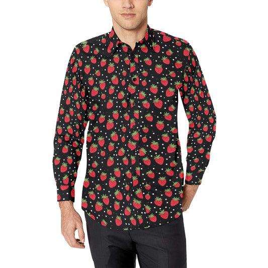 Strawberry Long Sleeve Men Button Up Shirt, Red Black Summer Fruit Print Casual Guys Male Buttoned Collar Dress Shirt with Chest Pocket
