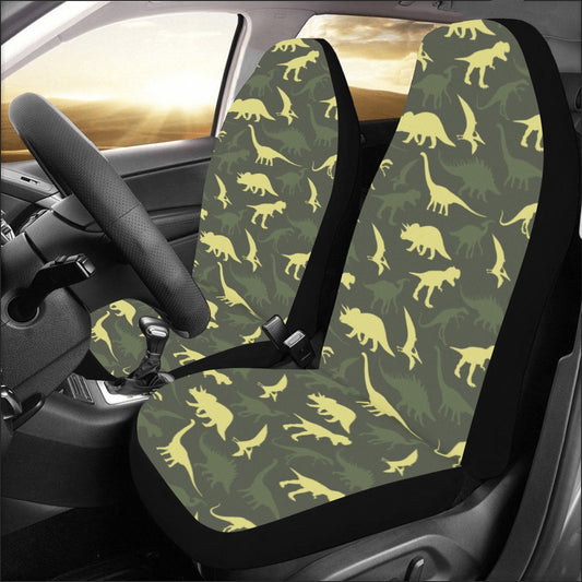 Dinosaur Car Seat Covers for Vehicle 2 pc Set, T Rex Animal Print Dino Green Front Seat SUV Gift Him Men Protector Accessory Decoration