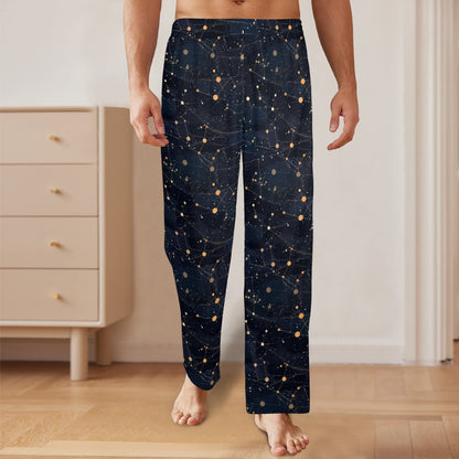 Constellation Men Pajamas Pants, Universe Cosmos Galaxy Space Dark Satin PJ Pockets Sleep Lounge Trousers Couples Matching Trousers Bottoms