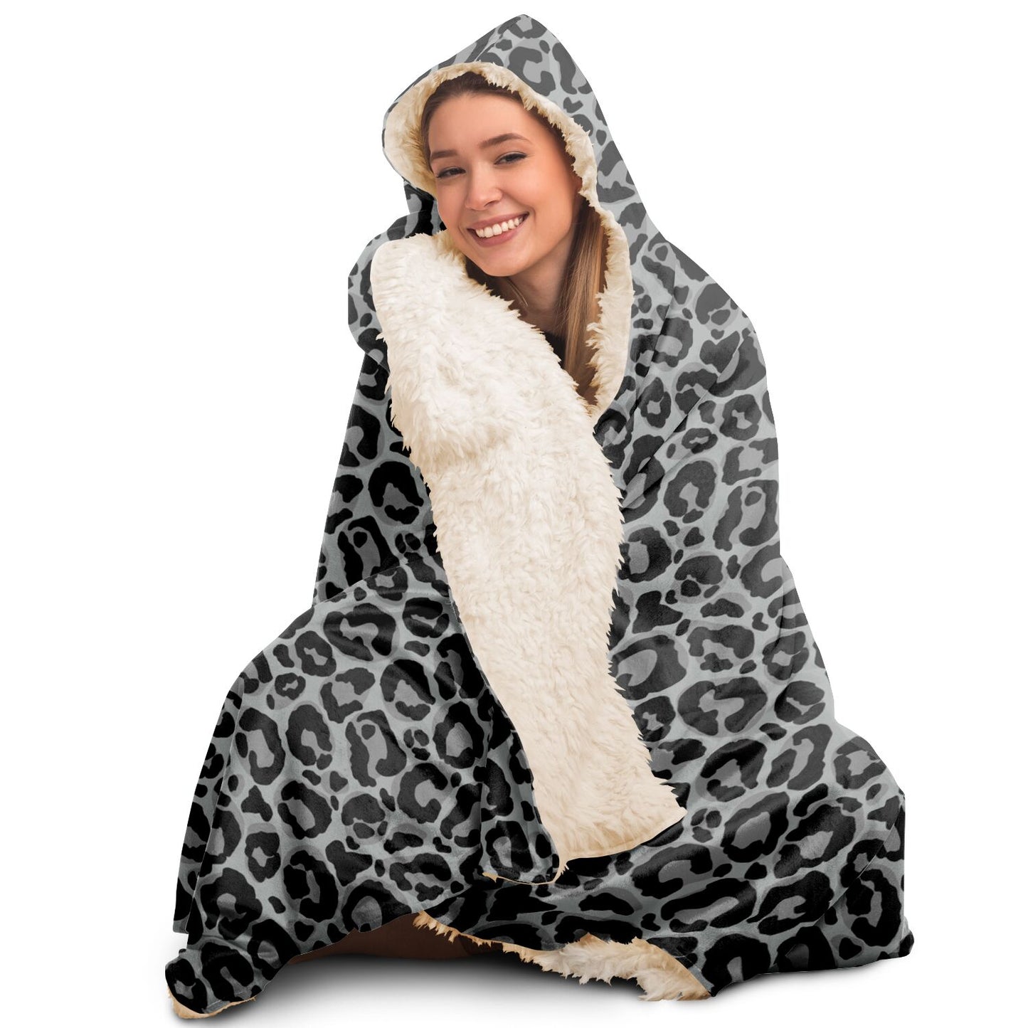 Grey Leopard Sherpa Hooded Blanket, Animal Print Gray Fleece Microfleece Adult Youth Men Woman Wearable Cloak Winter Gift Starcove Fashion