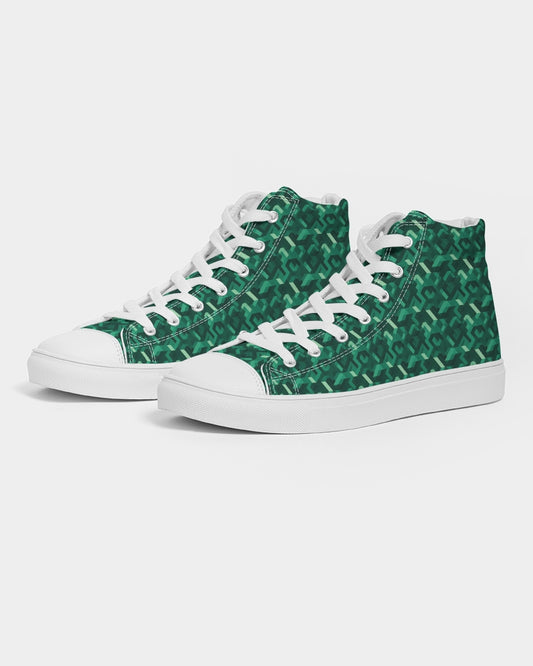 Emerald Green Women High Top Shoes, Geometric Lace Up Sneakers Footwear Canvas Streetwear Ladies Girls White Trainers Designer