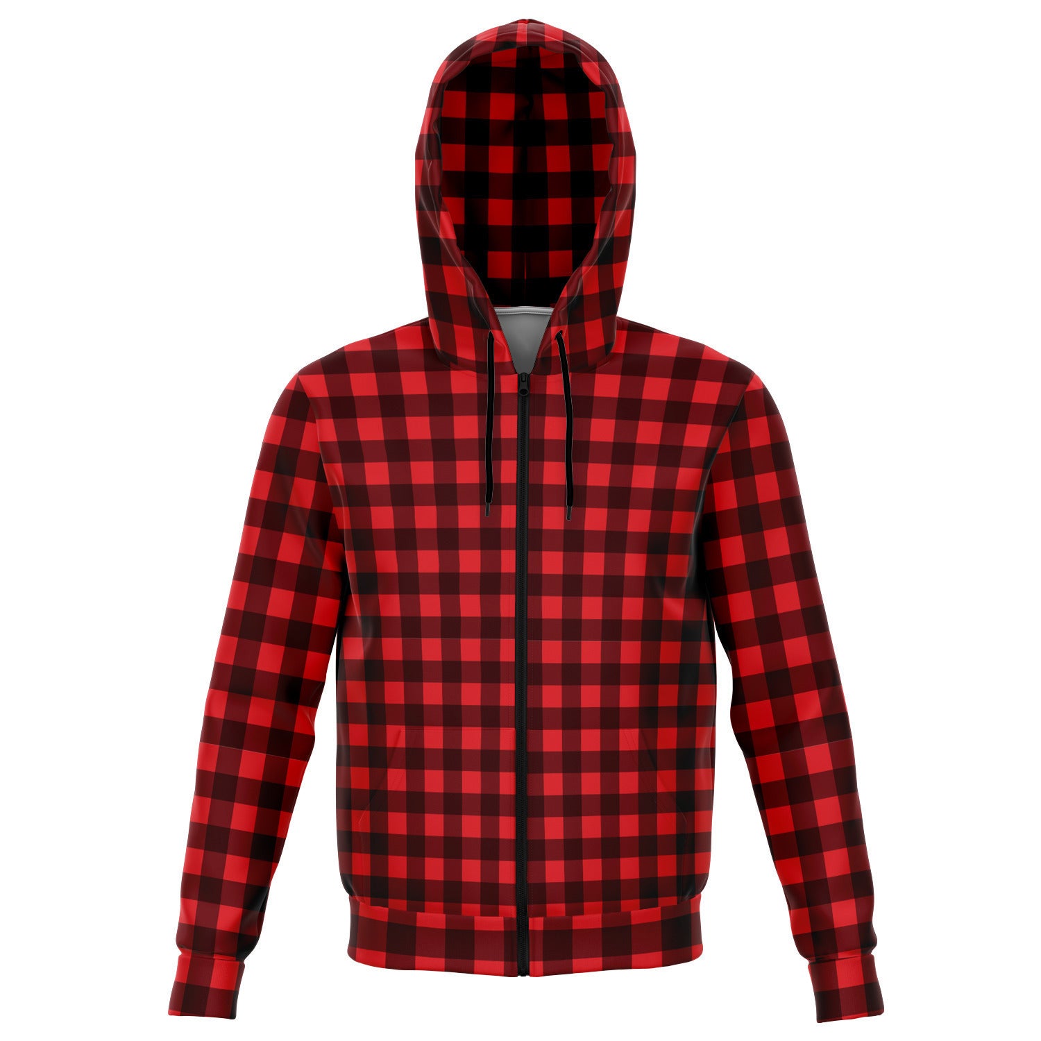 Buffalo Plaid Zip Up Hoodie, Red Black Checkered Front Zip Pocket Men Women Adult Aesthetic Graphic Cotton Hooded Sweatshirt Starcove Fashion