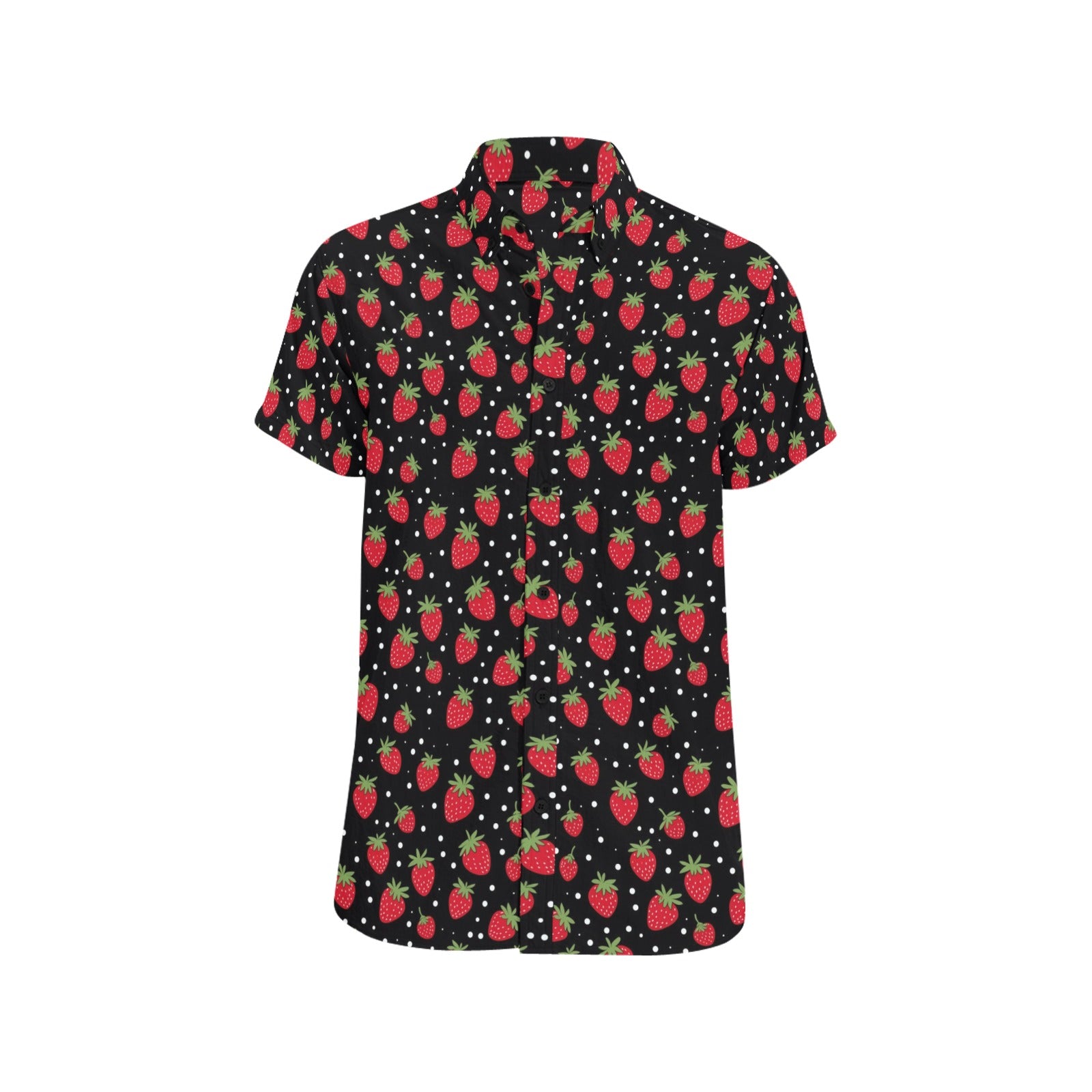 Strawberry Print Men Button Down Shirt, Short Sleeve Up Red Fruit Black Casual Buttoned Down Guys Summer Dress Shirt Plus Size Collared Starcove Fashion