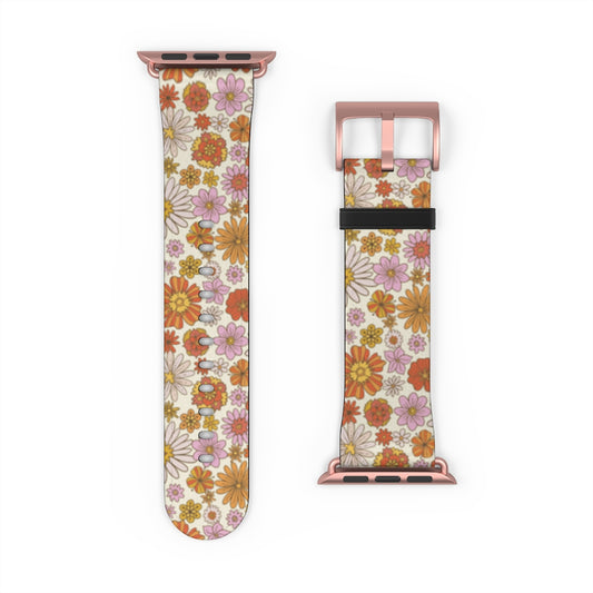 Groovy Flowers Apple Watch Band, Cute Retro Floral Designer Vegan Faux Leather 38mm 40mm 42mm 44mm Size Series 1 2 3 4 5 6 7 SE Strap Starcove Fashion