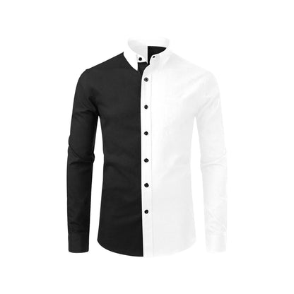 Half Black Half White Long Sleeve Men Button Up Shirt, Color Block Print Dress Buttoned Collar Dress Shirt with Chest Pocket