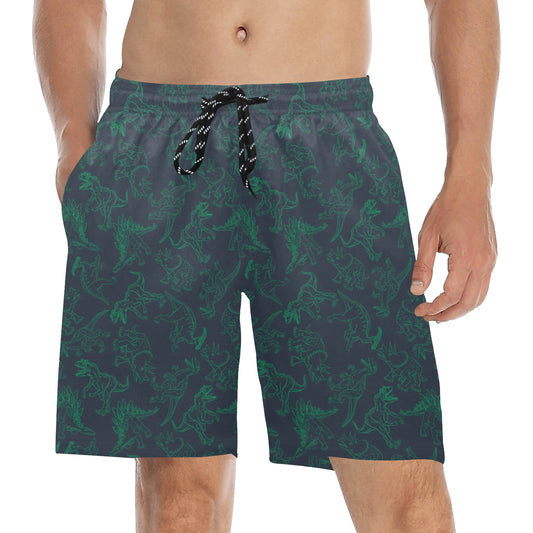 Dinosaur Men Swim Trunks, Green Dino Mid Length Shorts Beach Front Back Pockets Mesh Linen Drawstring Casual Bathing Suit Swimwear Plus Size