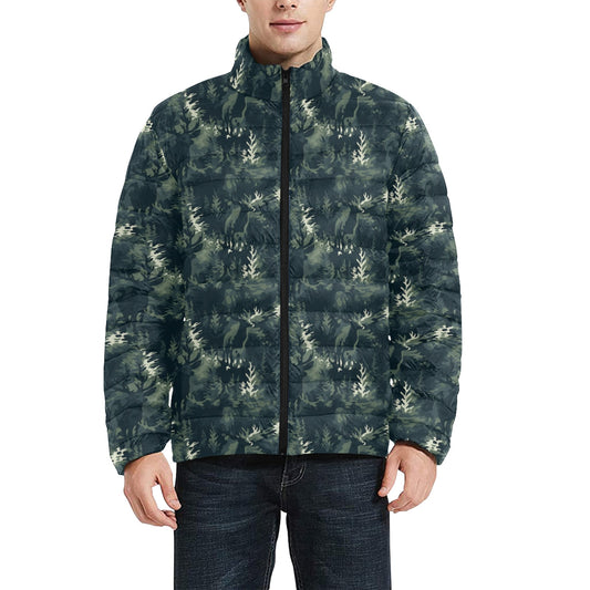 Green Camo Men Lightweight Bomber Jacket, Camouflage Deer Silhouette Stand Collar Padded Streetwear Quilted Winter Warm Coat