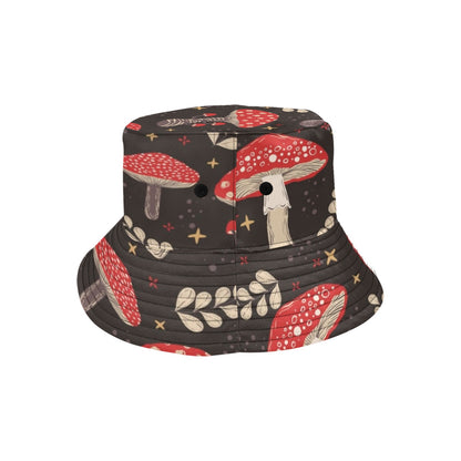 Red Mushroom Bucket Hat, Black Forest Retro Vintage Festival Cute Cottagecore Women Men Reversible Designer Beach Sun Shade Y2K Twill