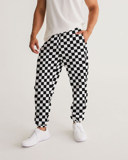 Black White Checkered Men Track Pants, Racing Check Zip Pockets Quick Dry Mesh Lining Lightweight Festival Elastic Waist Windbreaker Joggers Starcove Fashion