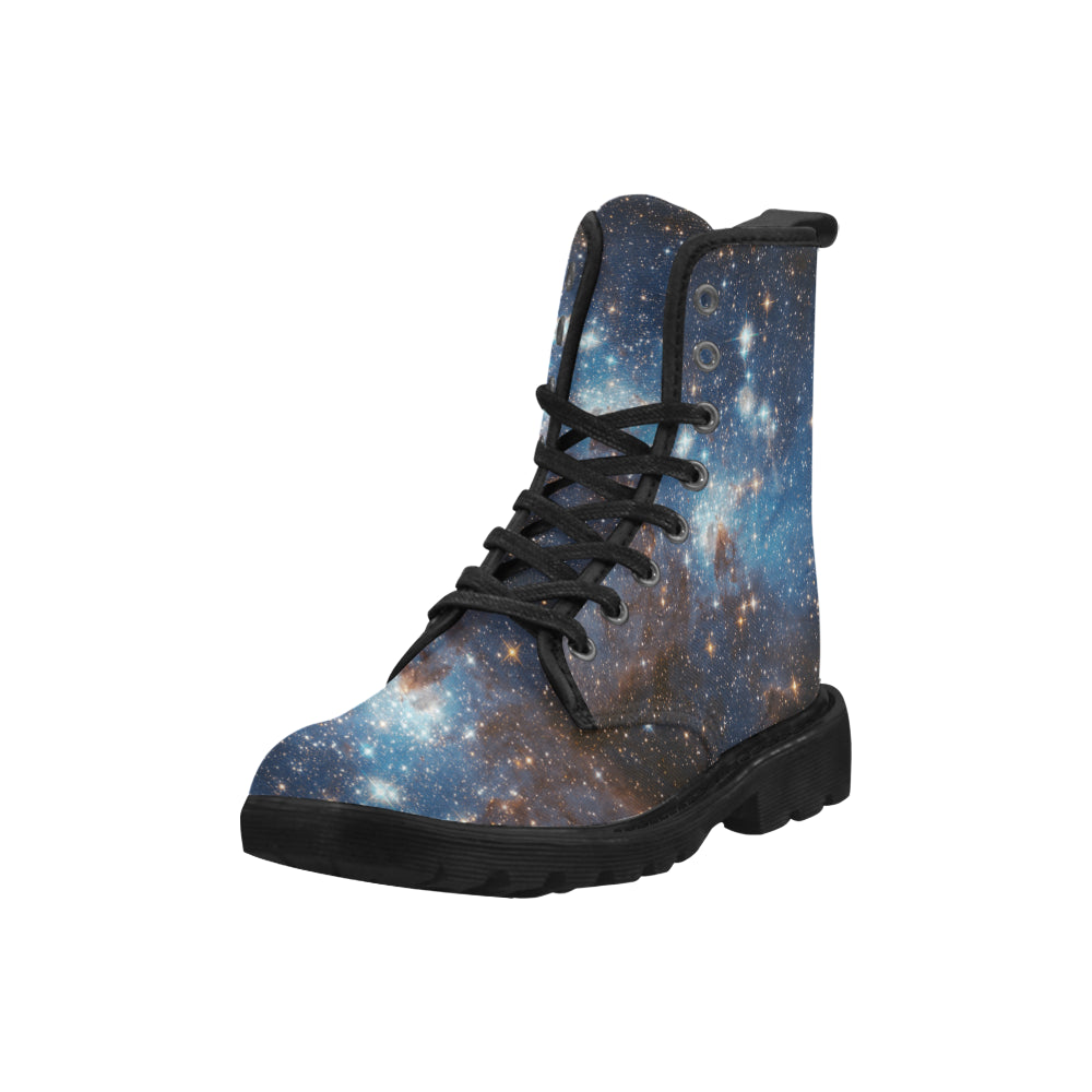 Galaxy boots Women's Vegan Canvas Lace Up Shoes, Blue Universe Space Constellation Festival Print Black Ankle Combat, Casual Custom Gift Starcove Fashion