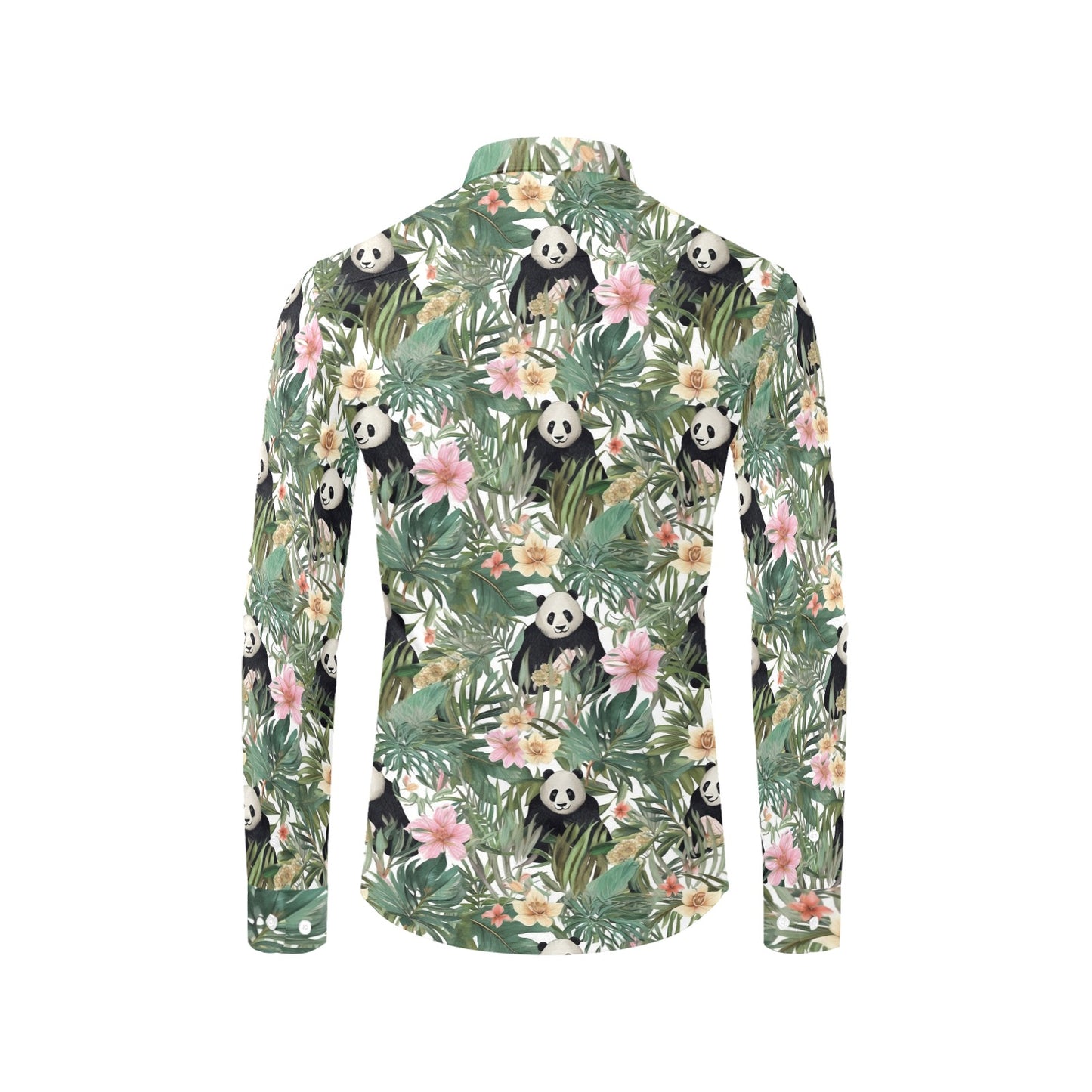 Panda Tropical Leaves Long Sleeve Men Button Up Shirt, Green Floral Summer Print Dress Buttoned Collar Casual Dress Shirt with Chest Pocket Starcove Fashion
