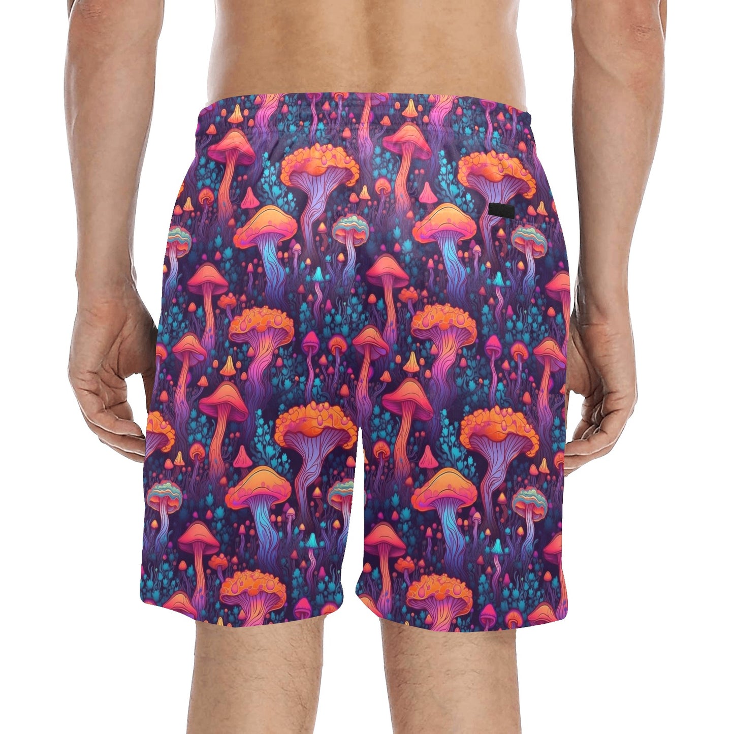 Mushroom Men Swim Trunks, Psychedelic Trippy 7 Inch Shorts Beach Surf Swimwear Front Back Pockets Mesh Lining Drawstring Bathing Suit