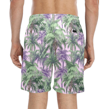 Palm Tree Men Swim Trunks, Lilac Lavender Purple Beach Mid Length Shorts Back Pockets Mesh Liner Drawstring Boys Casual Bathing Suit Summer