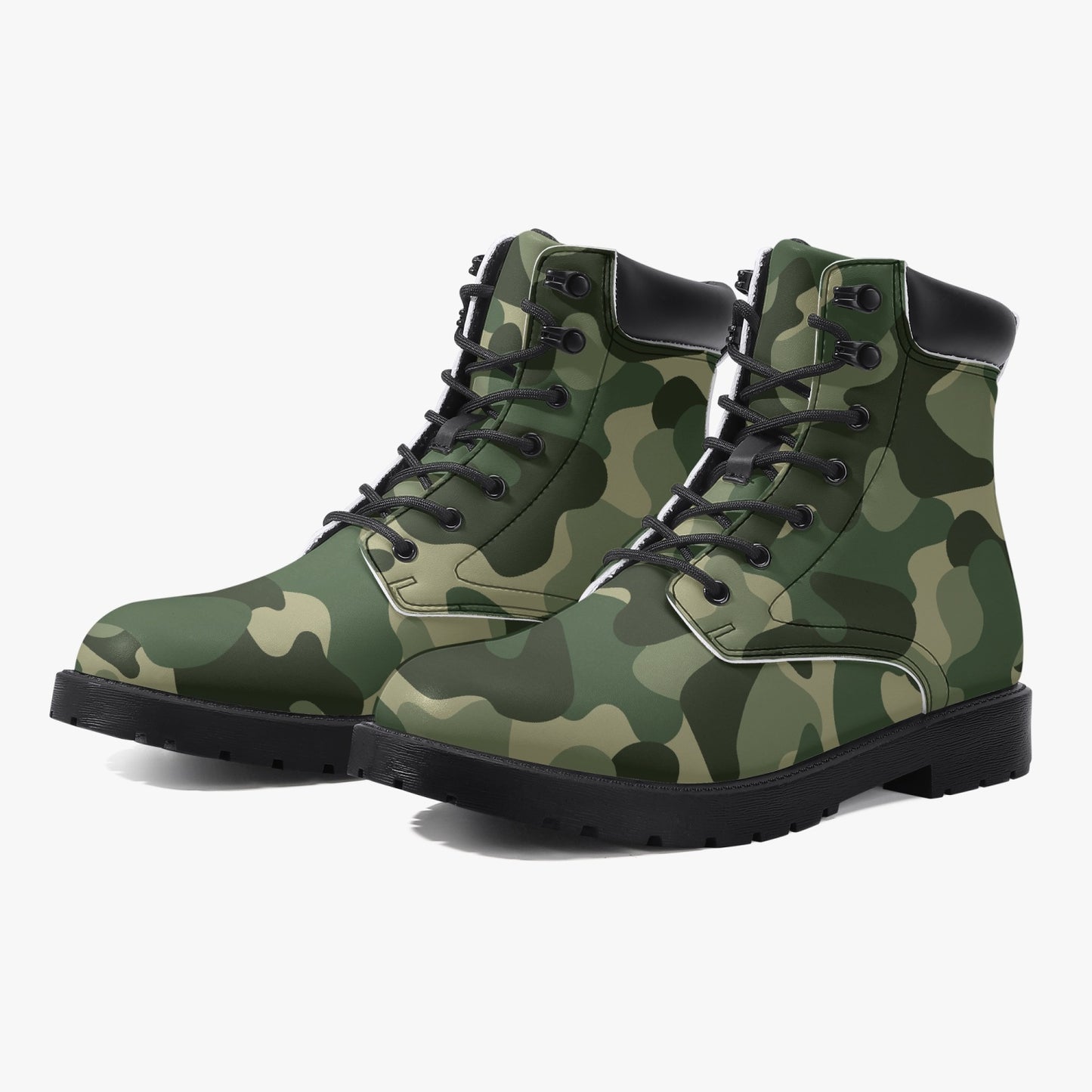 Camouflage Leather Boots, Green Army Camo Lace Up Shoes Hiking Walking Women Men Black Ankle Work Winter Casual Custom Starcove Fashion