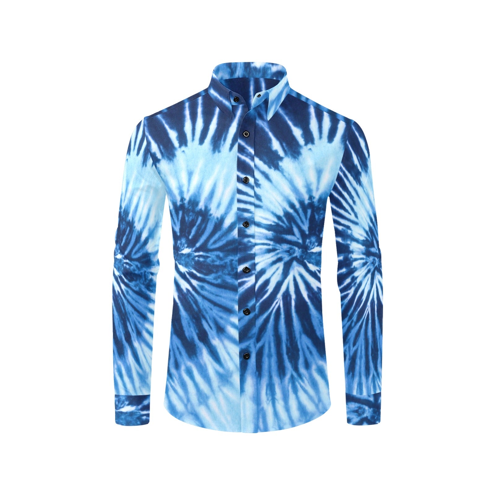 Blue Tie Dye Long Sleeve Men Button Up Shirt, Hippie Groovy Stars Print Buttoned Collar Dress Shirt with Chest Pocket 2XL Blue Tie Dye Long Sleeve Men Button Up Shirt, Hippie Groovy Stars Print Buttoned Collar Dress Shirt with Chest Pocket 2XL