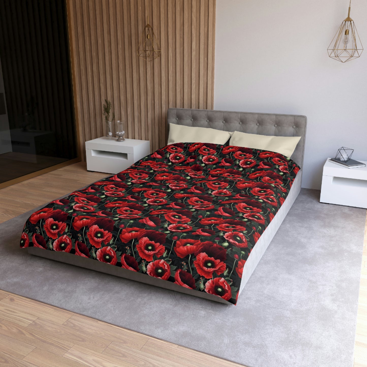 Poppy Duvet Cover, Red Flower Floral Bedding Queen King Full Twin XL Microfiber Unique Designer Bed Quilt Bedroom Decor