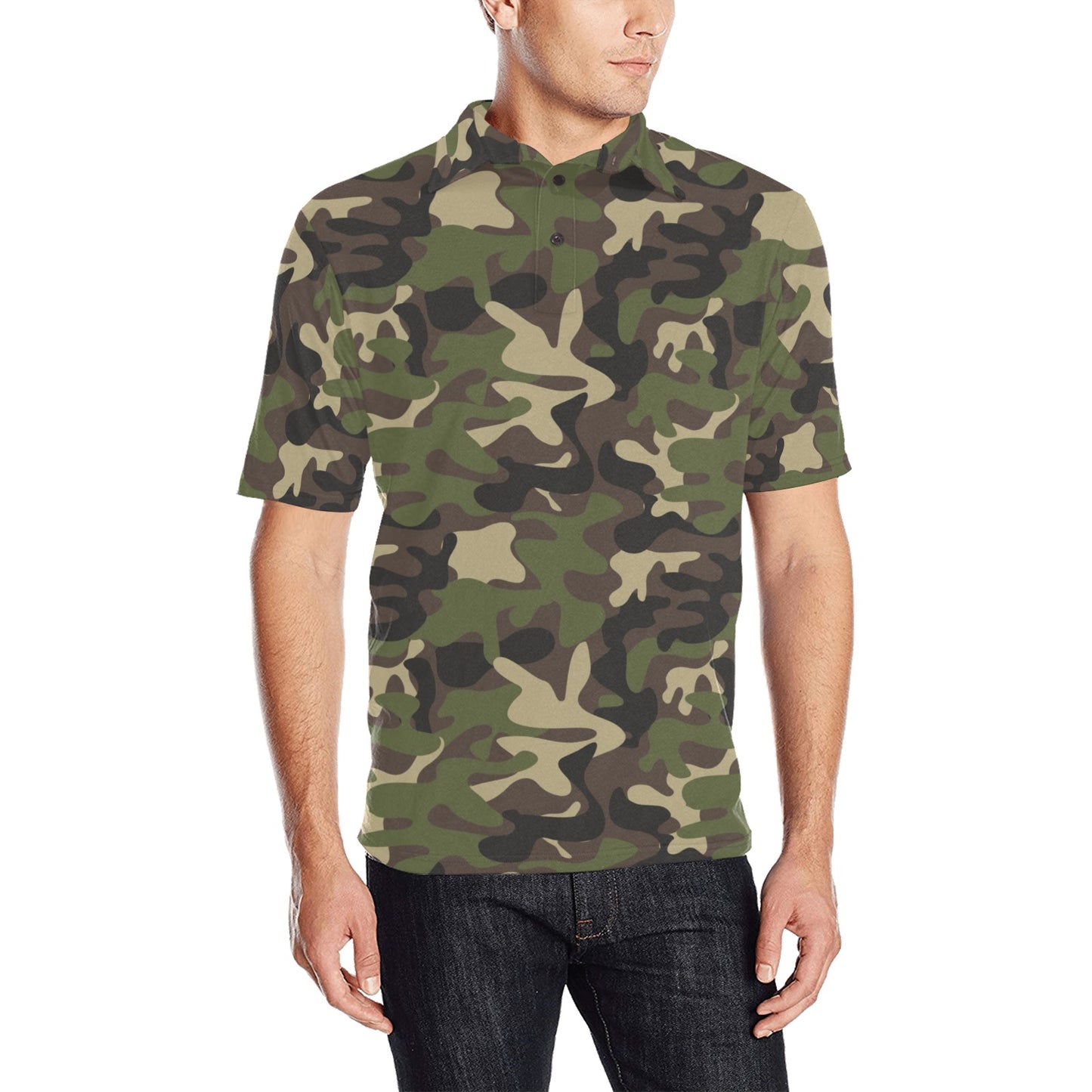 Camouflage Men Polo Collared Shirt, Camo Green Army Pattern Casual Summer Buttoned Down Up Shirt Short Sleeve Sports Golf Tee