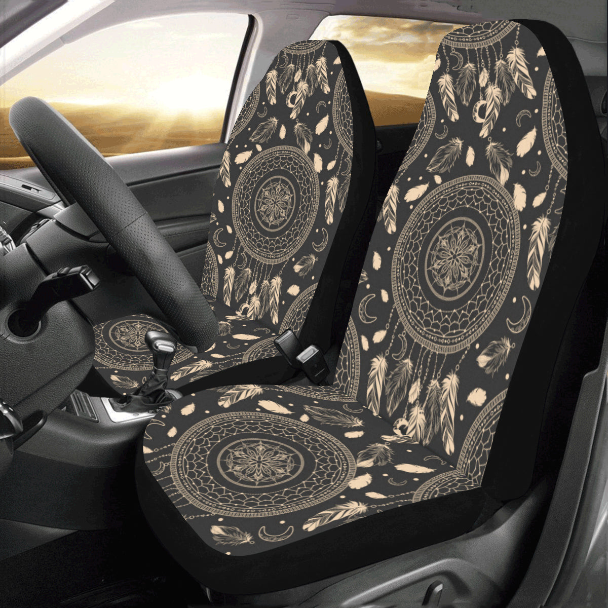 Dream Catcher Mandala Boho Car Seat Covers 2 pc, Tribal Pattern Bohemian Black Art Front Seat Covers, Car SUV Protector Accessory Decor Starcove Fashion
