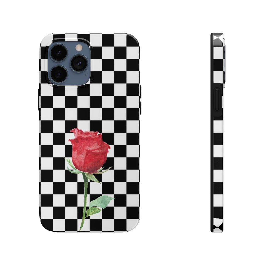 Check Red Rose iPhone 13 12 Case, Black White Checkered Case Mate Tough Phone 11 SE Pro Max Cute Gift XS Max XR X 7 6 Plus 8 Starcove Fashion