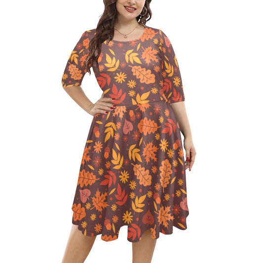 Fall Leaves Half Sleeve Skater Midi Dress, Brown Autumn Cottagecore Print Swing Evening Cocktail Party Cute Handmade Sexy Women