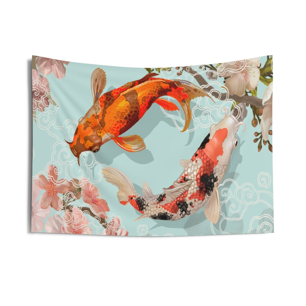 Koi Fish Tapestry, Japanese Watercolor Ying Yang Landscape Fabric