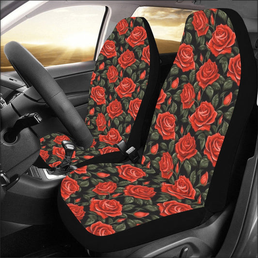 Red Roses Car Seat Cover 2 pc, Floral Flowers Cute Gothic Front Seat SUV Vans Vehicle Universal Protector Accessory Men Women