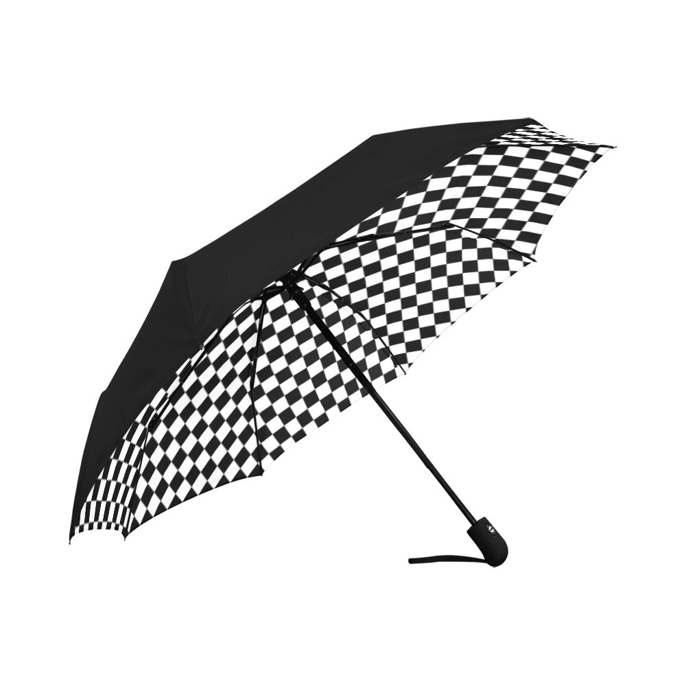 Checkered Anti-UV Automatic Umbrella (Underside Printing), Black White Check Sun Beach Rain Parasol Vintage Men Women