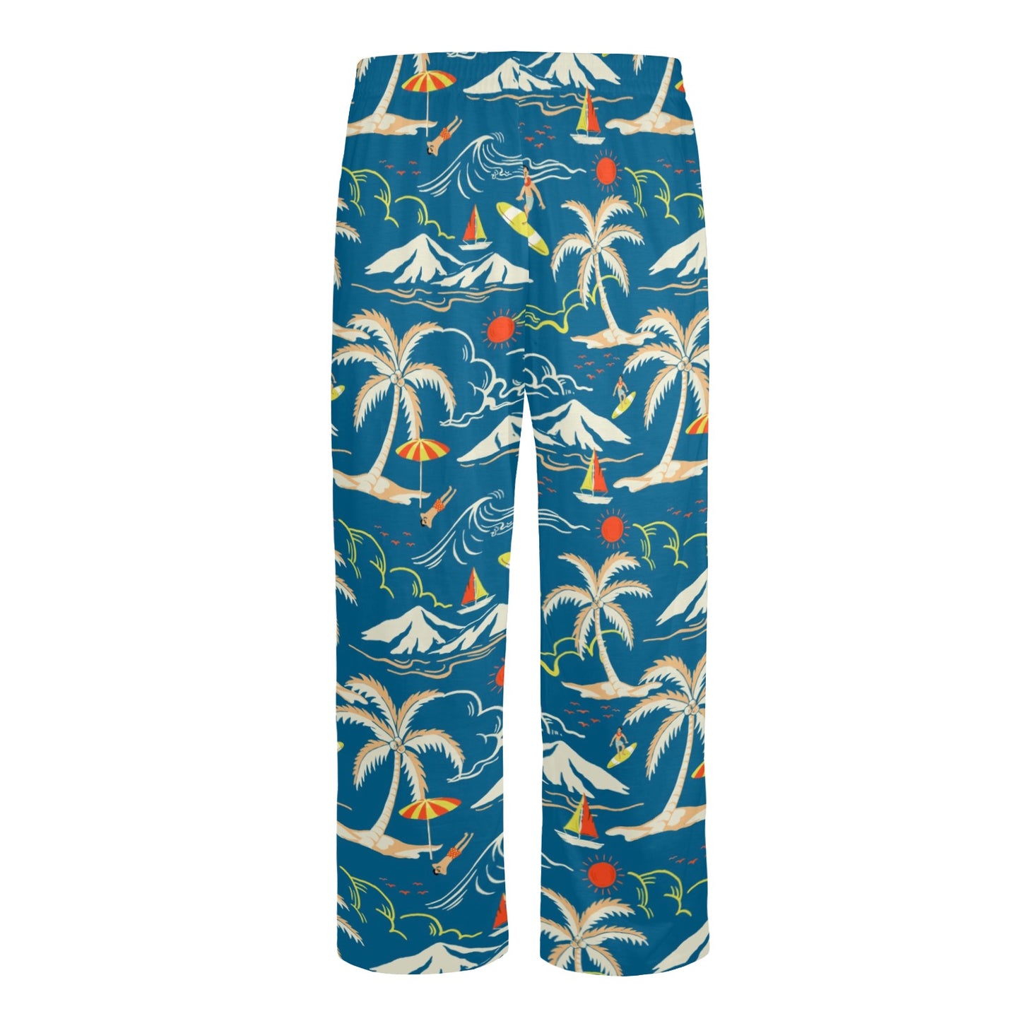 Tropical Men Pajamas Pants, Ocean Beach Sea Palm Trees Vacation Pattern Satin PJ Pockets Sleep Trousers Couples Matching Trousers Bottoms