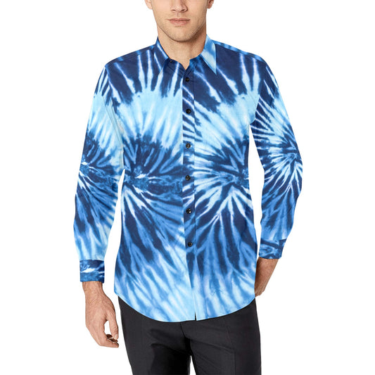 Blue Tie Dye Long Sleeve Men Button Up Shirt, Hippie Groovy Stars Print Buttoned Collar Dress Shirt with Chest Pocket