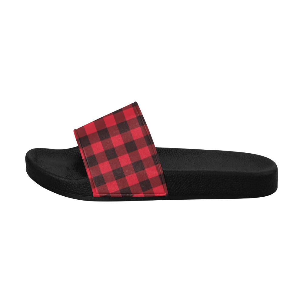 Buffalo Plaid Women Slide Sandals, Red Black Tartan Check Shoe Girls Flat Wedge Slides Vegan Casual Flip Flops Slip On Starcove Fashion