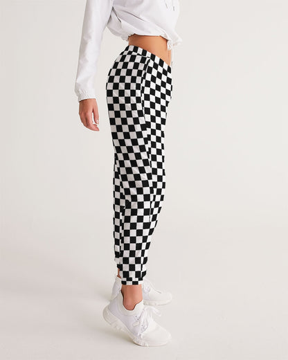 Black White Checkered Women's Track Pants, Racing Check Straight Leg with Zip Pockets Quick Dry Festival Elastic Waist Windbreaker Pants Starcove Fashion