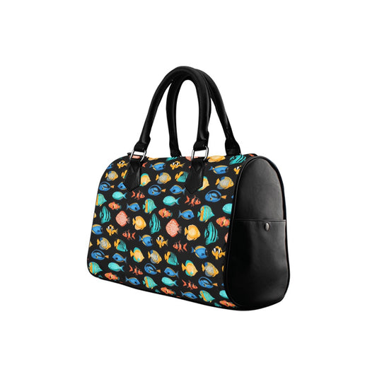 Tropical Fish Print Purse Handbag Women, Colorful Ocean Sea Art Canvas Leather Barrel Boston Top Handle Type Designer Ladies Bag Gift