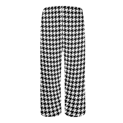 Houndstooth Men Pajamas Pants, Black White Pattern Satin PJ Sleep Trousers Couples Matching Trousers Bottoms