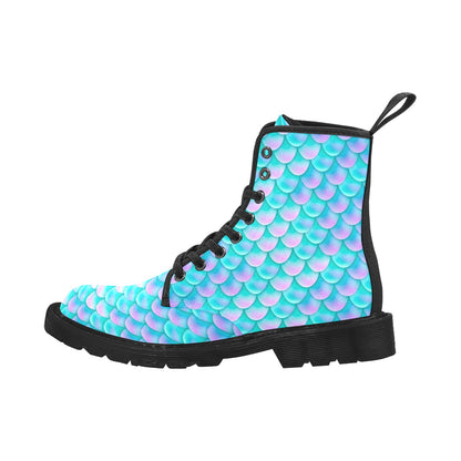 Mermaid Scales Women's Boots, Blue Fish Pattern Vegan Canvas Festival Party Ladies Lace Up Shoes Fashion Print Ankle Combat Casual Custom