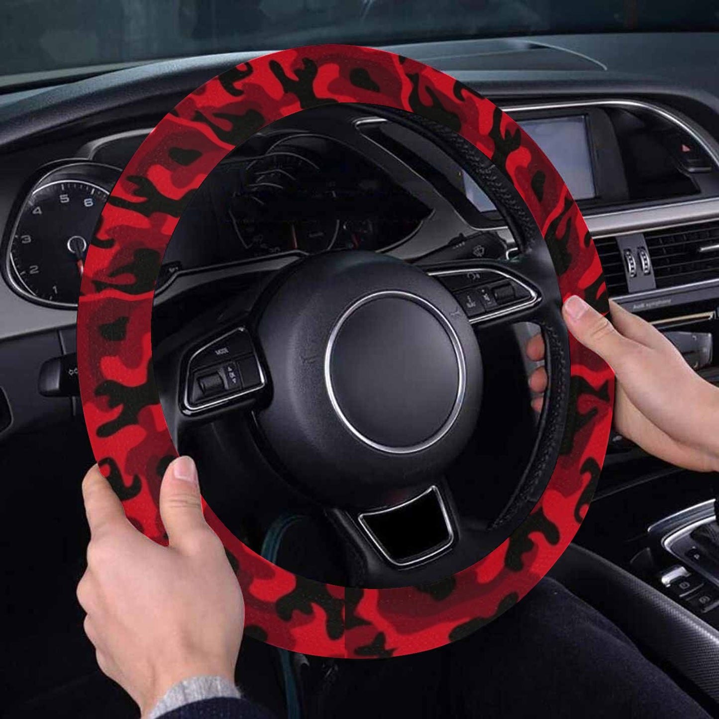 Red Black Camo Steering Wheel Cover Anti-Slip Neoprene, Camouflage Driving Print Car Auto Wrap Protector Men Women Accessories 15 Inch