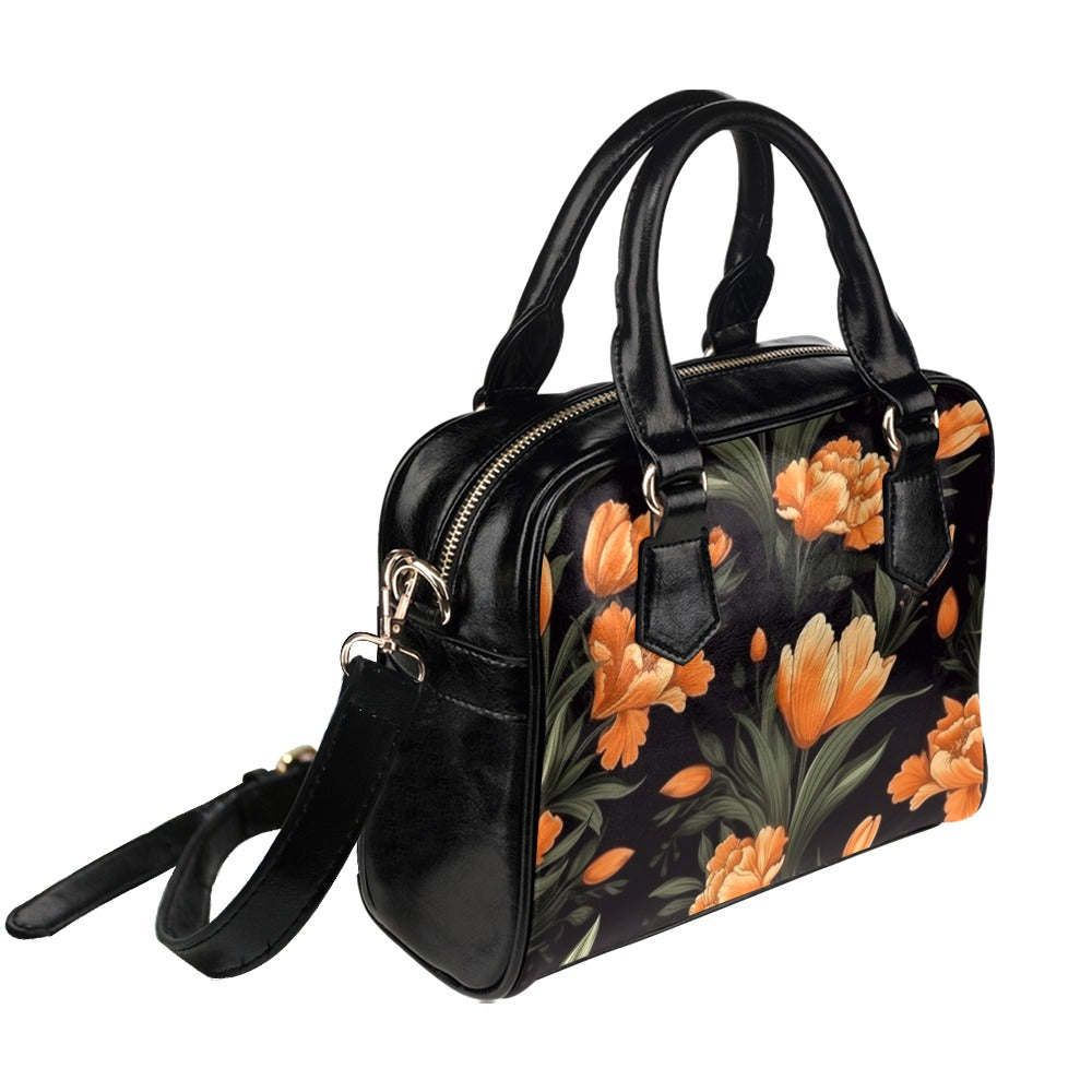 Orange Floral Purse, Flowers Retro Pattern Cute Small Shoulder Zip Bag Vegan Leather Women Designer Handbag Crossbody Ladies