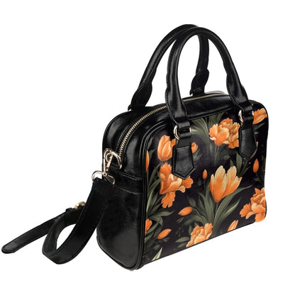 Orange Floral Purse, Flowers Retro Pattern Cute Small Shoulder Zip Bag Vegan Leather Women Designer Handbag Crossbody Ladies