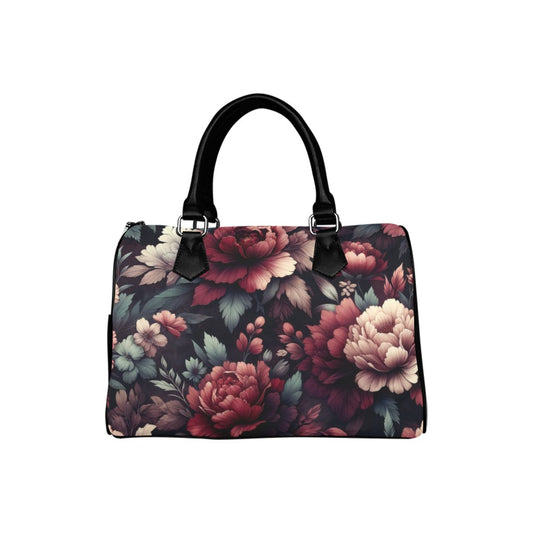 Burgundy Floral Handbag Purse, Cute Maroon Flowers Print Art Top Zipper Canvas Leather Top Handle Barrel Type Women Designer Accessory